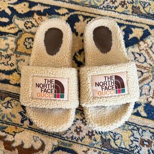 Gucci x The North Face Beige Sherpa Slide Sandals with Logo Patch